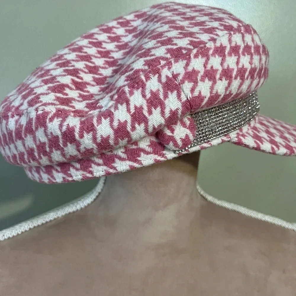 Juicy Couture Womens Houndstooth Pink White Tweed Embellished  Stones Cap Beret